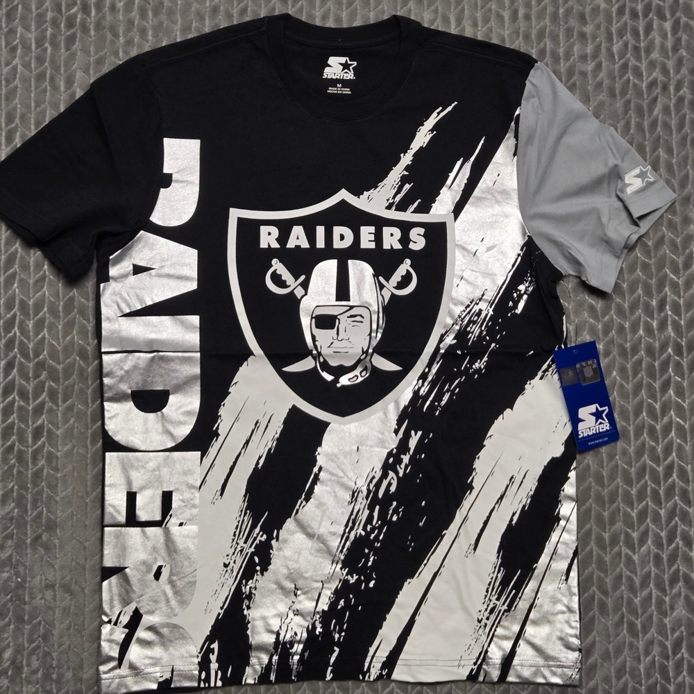 Starter Las Vegas Raiders Mens Black Silver Metallic Graphic T-Shirt Size M NEW